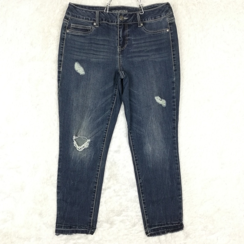 Maurices Womens Skinny Cropped Blue Denim Ripped Stone Wash Whiskering Mid M